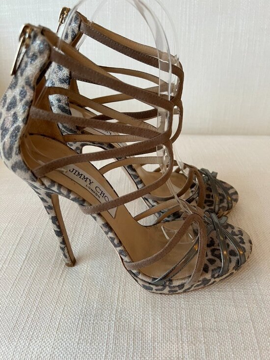 JIMMY CHOO Elsy 70 leopard-print calf hair slingback sandals  Jimmy Choo Metallic Beige & Leopard Suede Florida Sandals